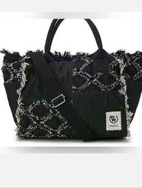 Wildfox Black Denim Tote with Frayed Cross-Stitch Detail